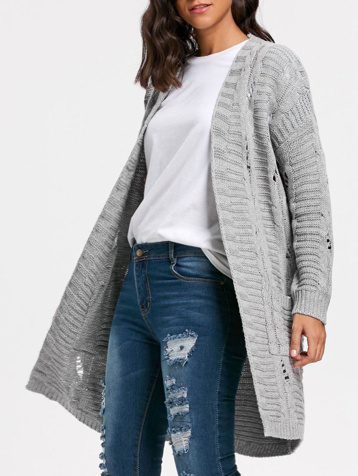 

Poctets Cable Kint Long Sweater Cardigan, Gray