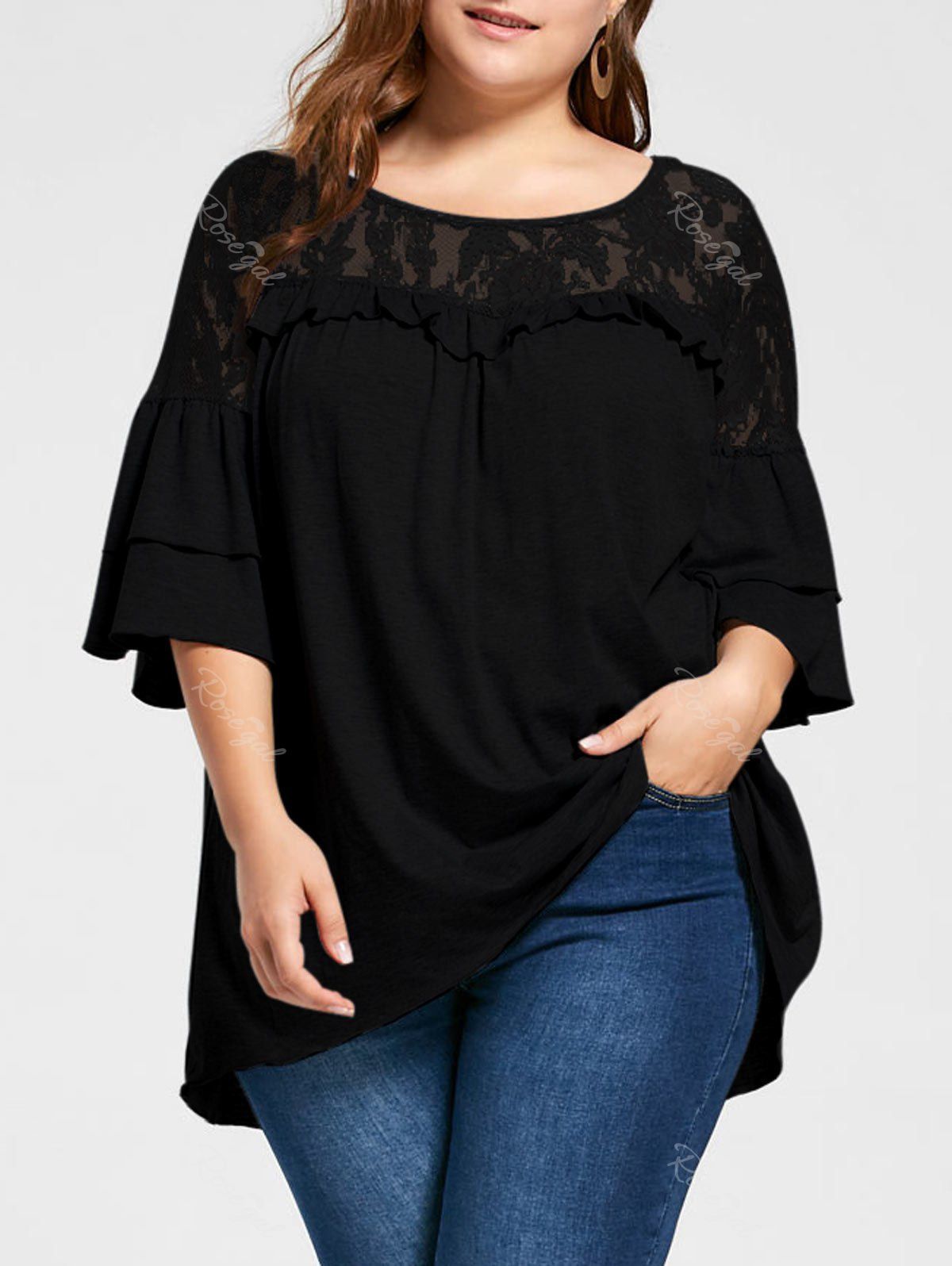 

Plus Size Lace Yoke Flounced Tunic Top, Black