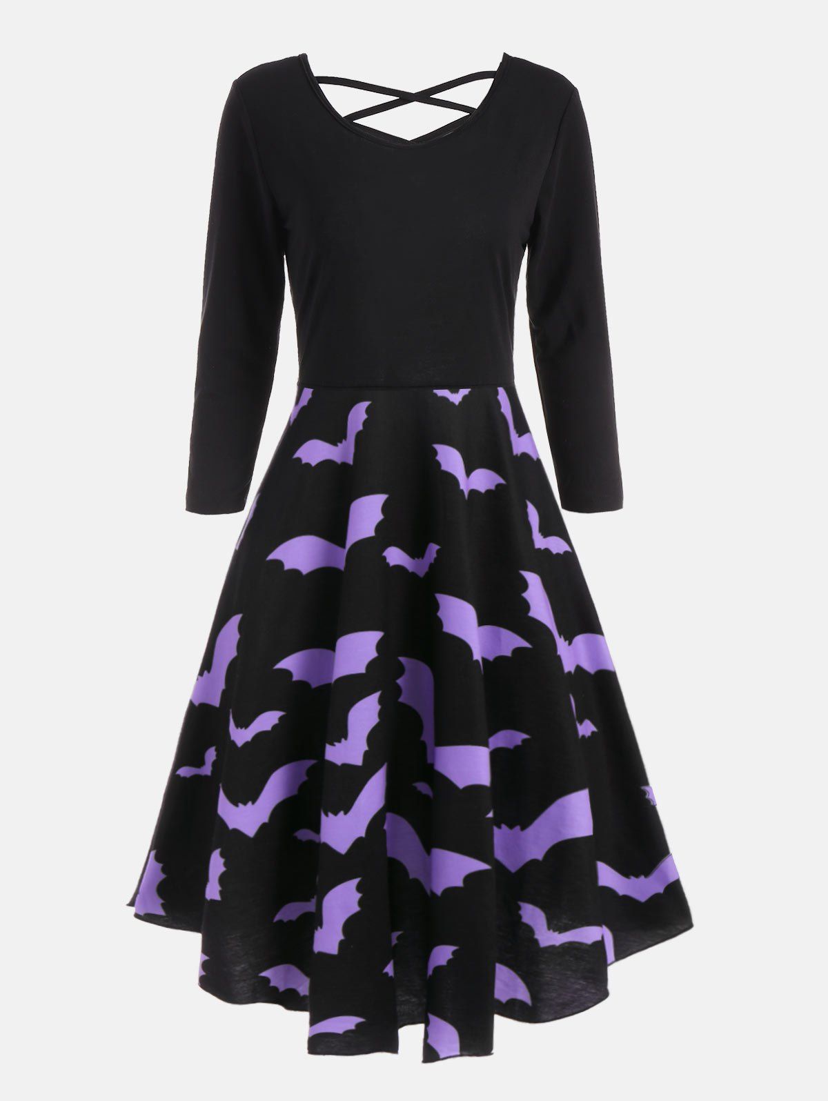 

Bat Print Cross Back Fit and Flare Dress, Black
