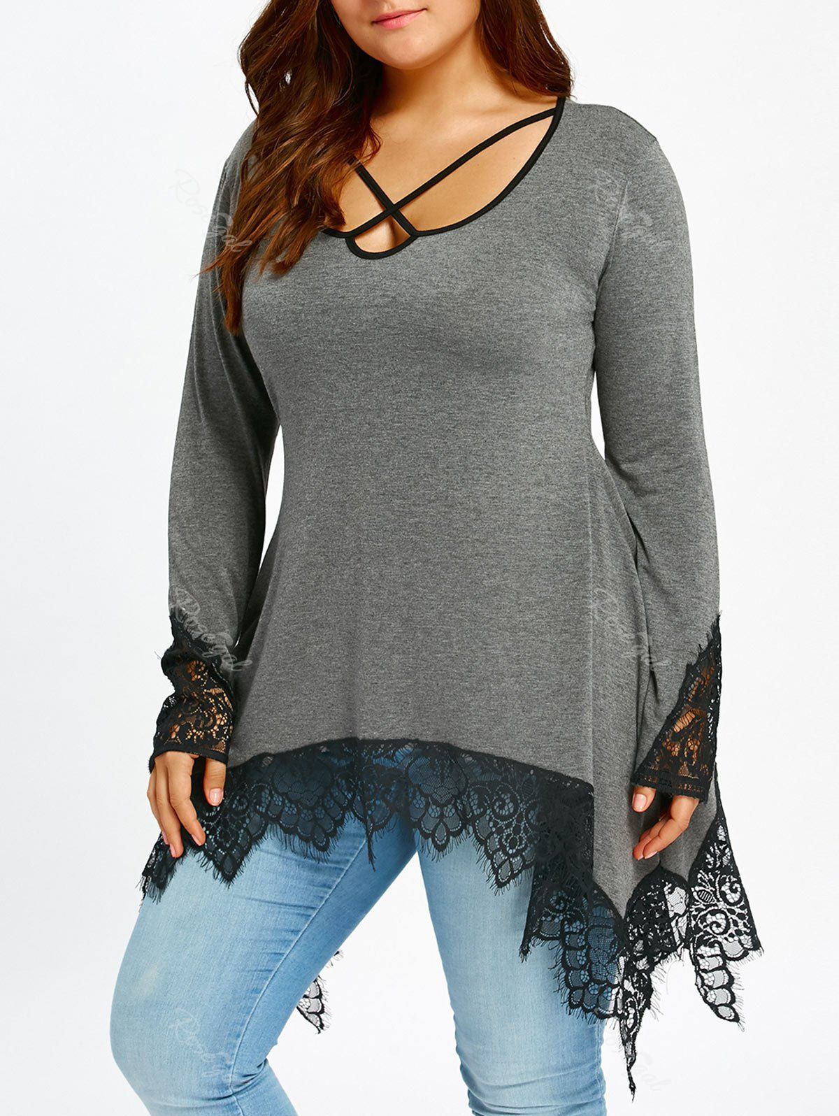 

Lace Trim Plus Size Sharkbite Tunic T-shirt, Gray