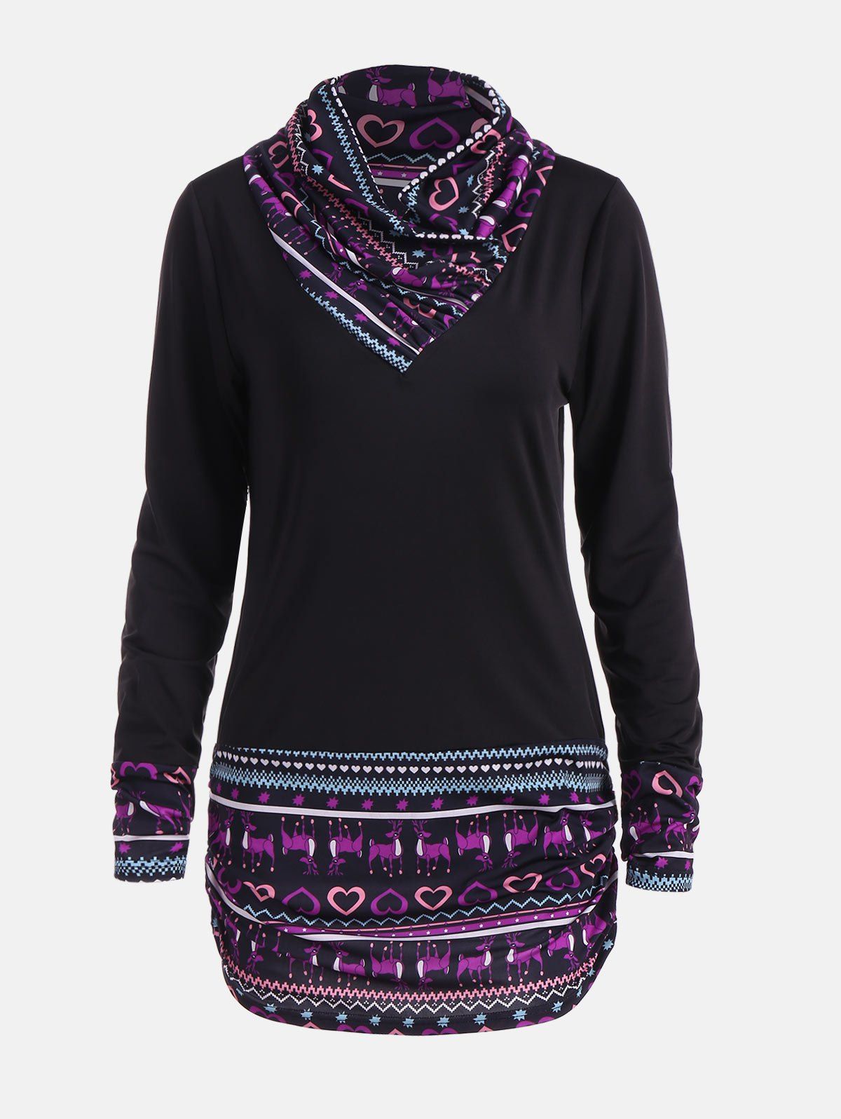 

Christmas Reindeer Print Heaps Collar Tunic T-shirt, Black