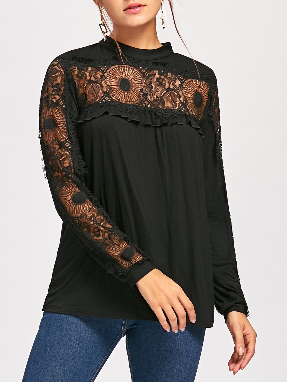 

Lace Panel Frill Long Sleeve Top, Black