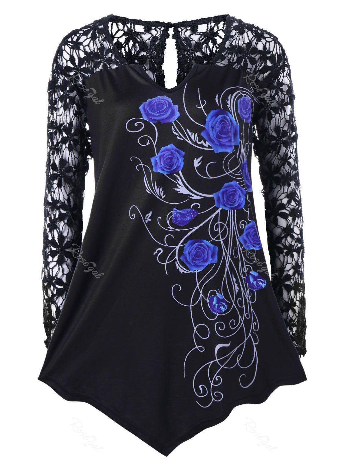 

Plus Size Lace Yoke Floral T-shirt, Blue