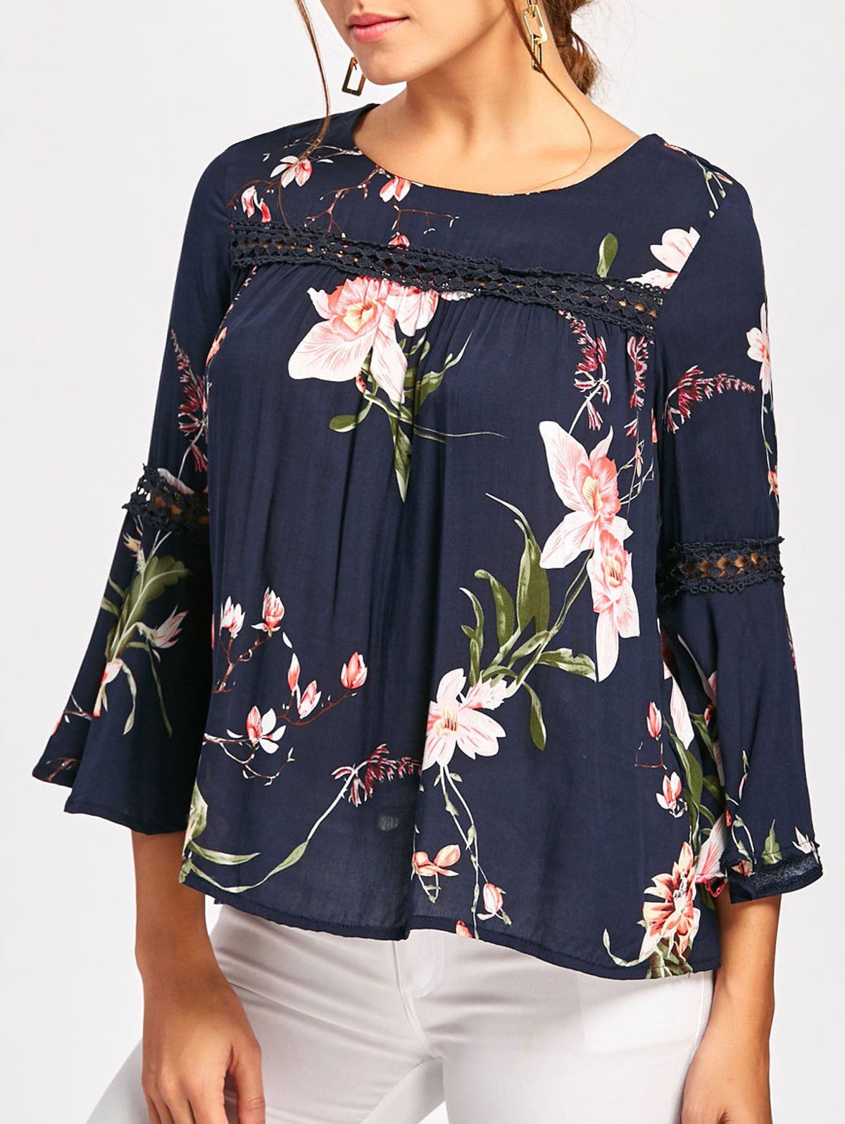Chic Floral Print Lace Insert Bell Sleeve Blouse  