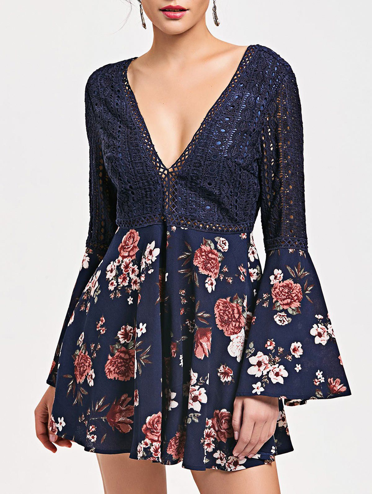 Combishort Floral Ajouré à Coupe Basse à Dos Nu  