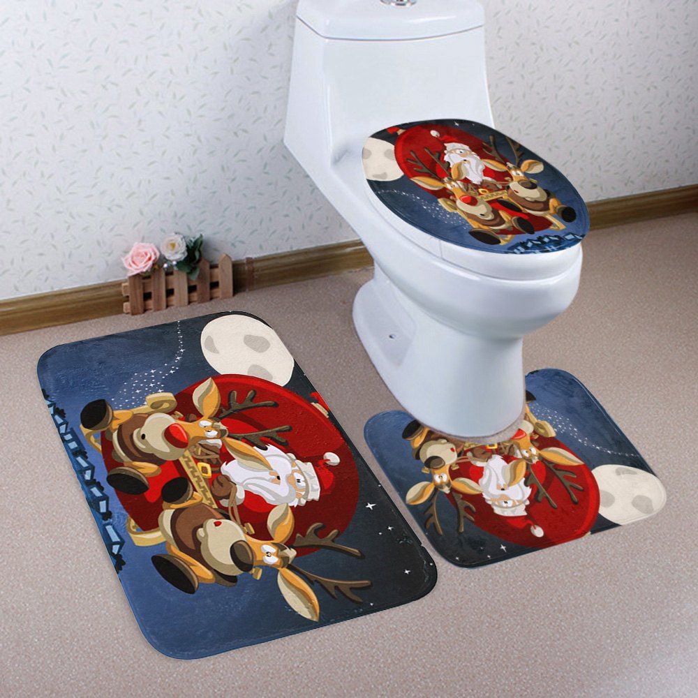 

Christmas Night Santa Pattern 3 Pcs Bath Mat Toilet Mat, Colormix