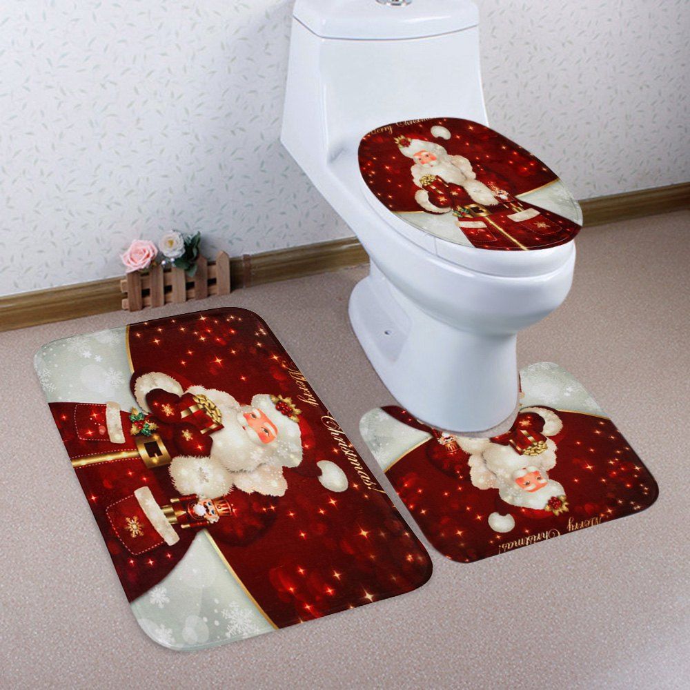 

Christmas Santa Gift Pattern 3 Pcs Bath Mat Toilet Mat, Red