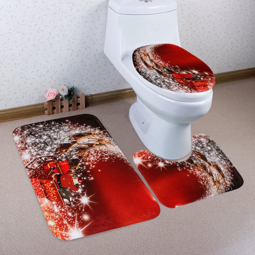 

Christmas Santa Sleigh Pattern 3 Pcs Bath Mat Toilet Mat, Red