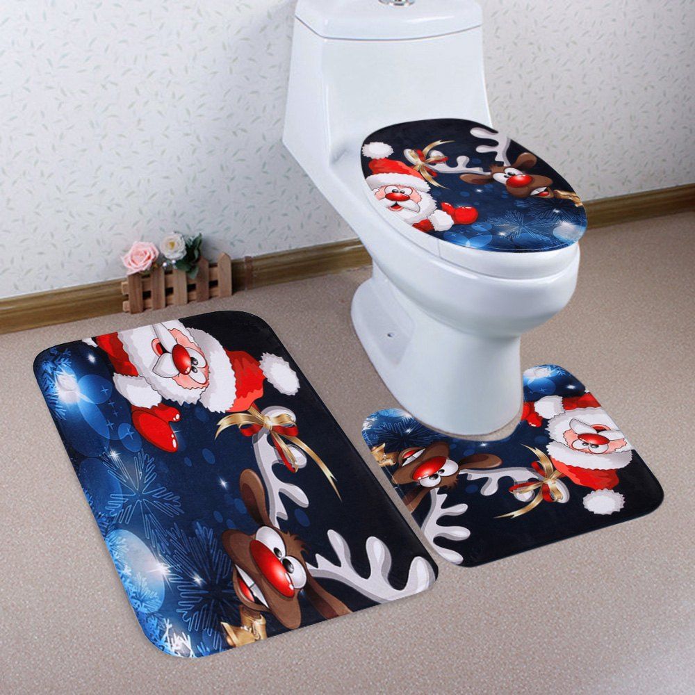 

Christmas Santa Deer Pattern 3 Pcs Bath Mat Toilet Mat, Colormix