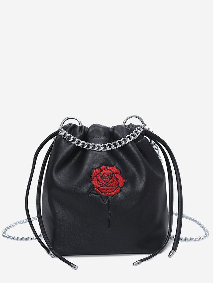 

Drawstring Embroidery Rose Bucket Bag, Black