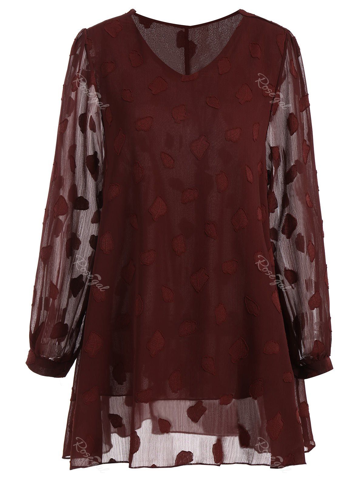 

Plus Size Sheer Leaf V Neck Blouse, Wine red