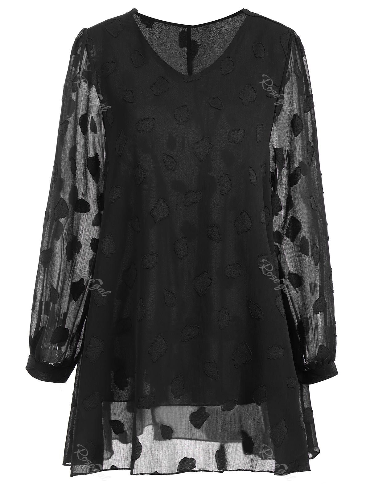 

Plus Size Sheer Leaf V Neck Blouse, Black