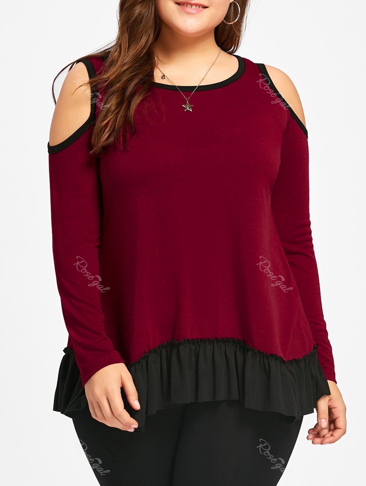 

Flounce Plus Size Open Shoulder Top, Pearl date red