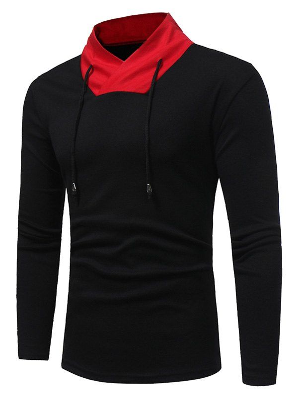 

Color Block Shawl Collar Drawstring T-shirt, Black