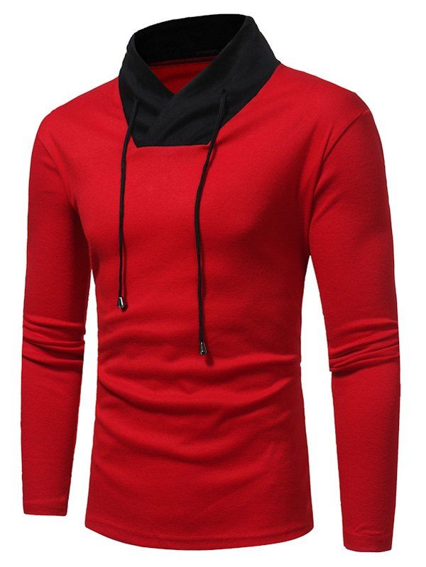 

Color Block Shawl Collar Drawstring T-shirt, Red