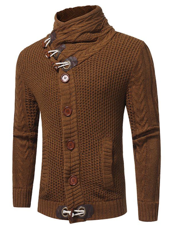

Horn Button Cowl Neck Single Breasted Cardigan, Camel