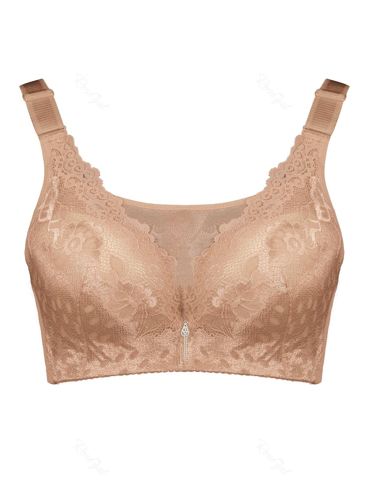 

Plus Size Wirefree Padded Floral Lace Panel Bra, Light coffee