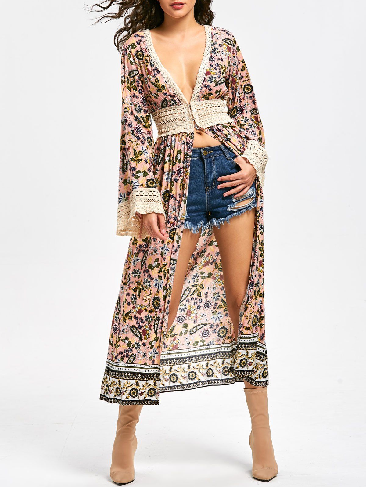 

Floral Lace Panel Long Sleeve Longline Top
