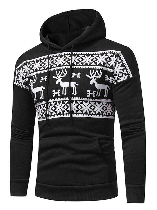 

Snow and Reindeer Print Fleece Pullover Hoodie, Black