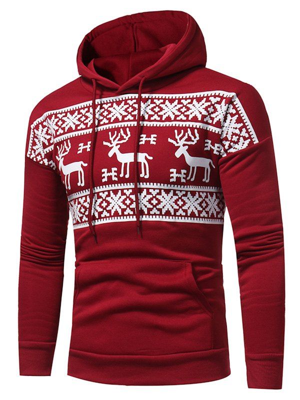 

Snow and Reindeer Print Fleece Pullover Hoodie, Red