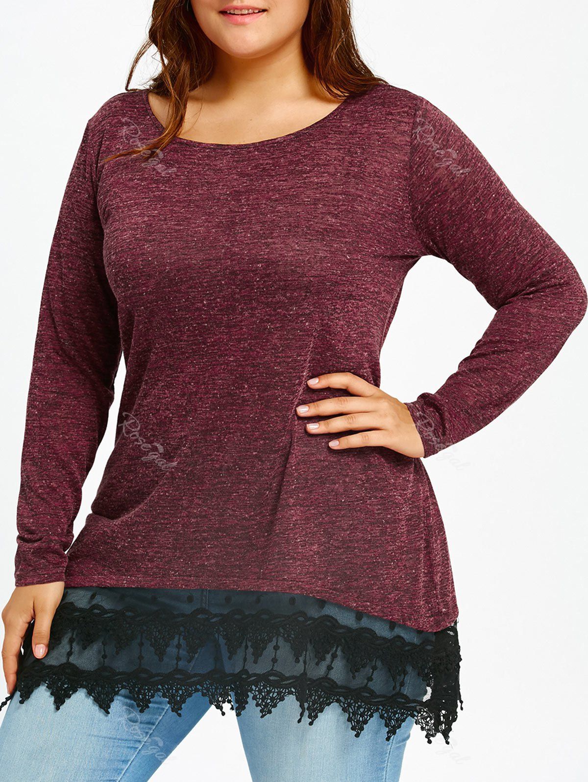 

Lace Trim Plus Size Long Sleeve T-shirt, Wine red