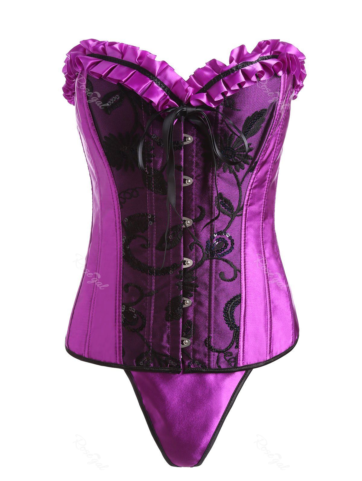 

Plus Size Steel Boned Bowknot Ruffle Trim Corset, Purplish red