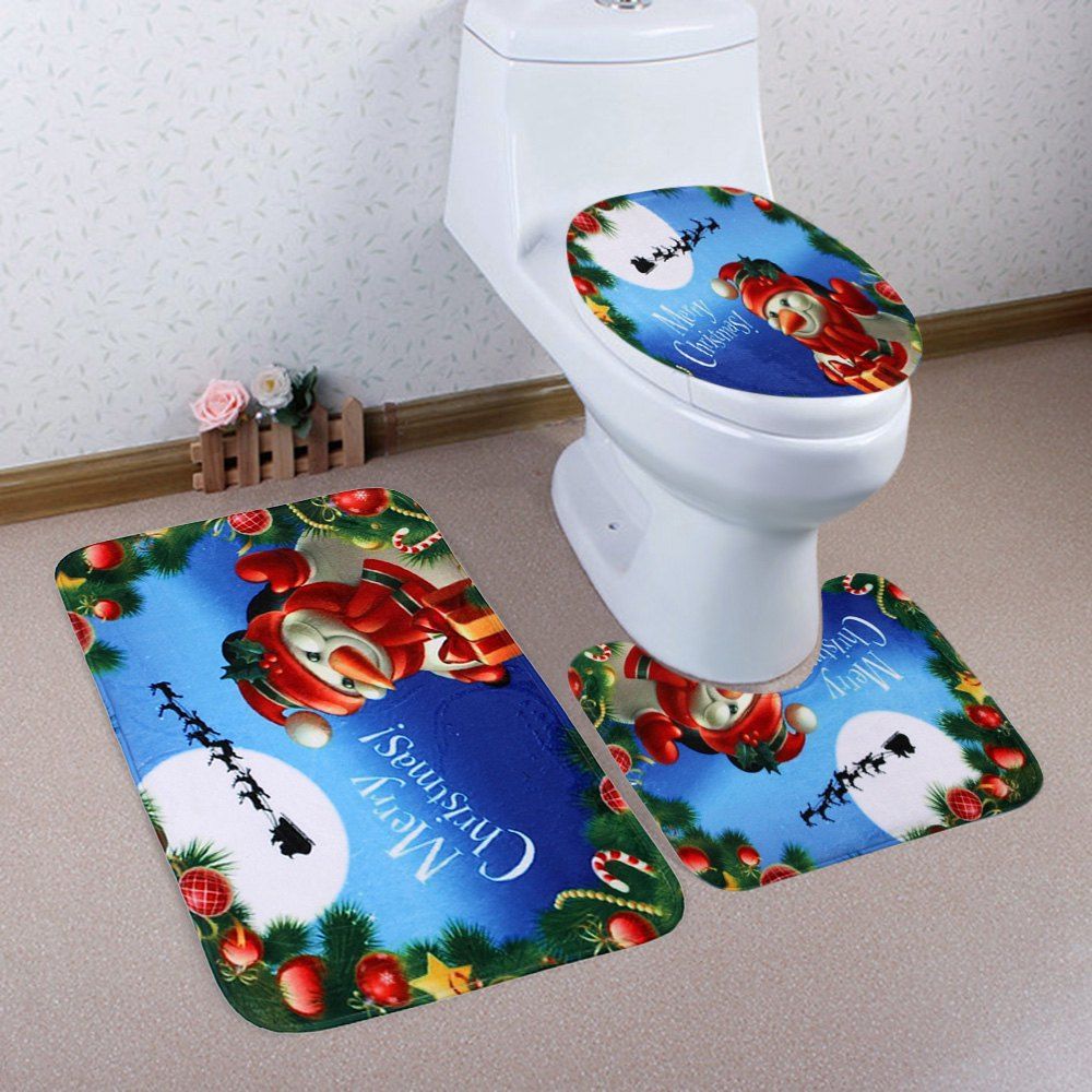 

Christmas Snowman 3Pcs Bath Toilet Rugs Set, Blue