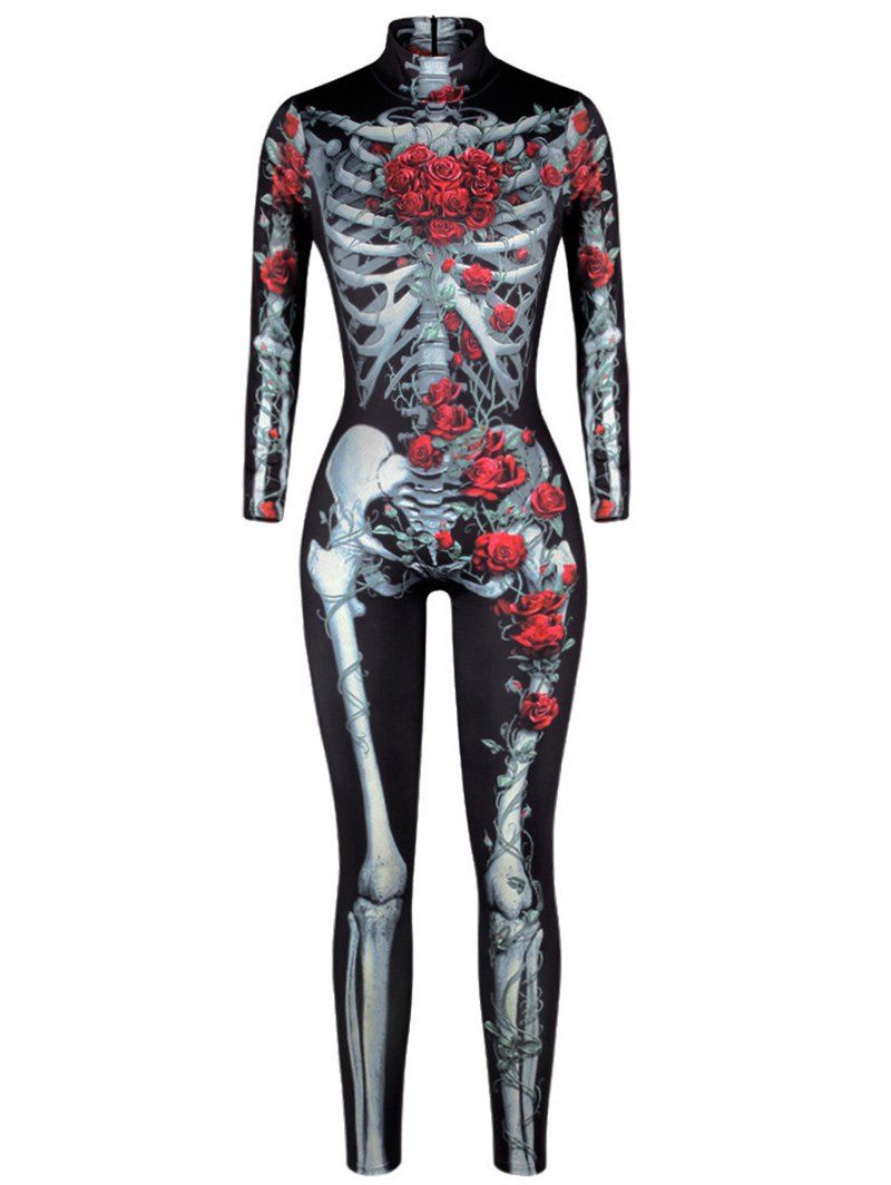 

Rose Skeleton Print Halloween High Neck Jumpsuit, Colormix