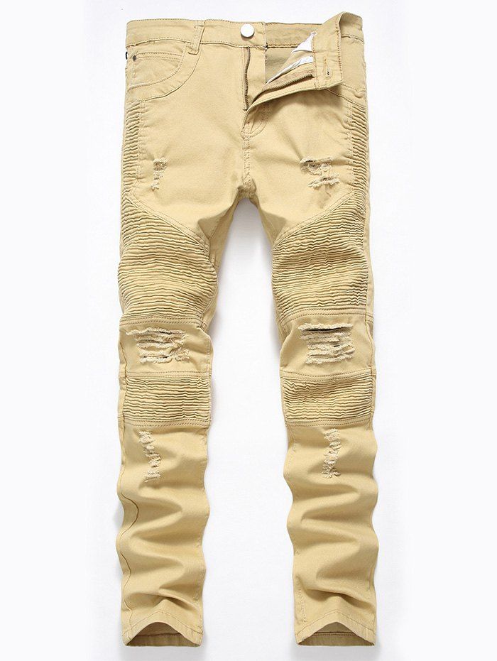 

Straight Color Wash Ripped Moto Jeans, Dark khaki