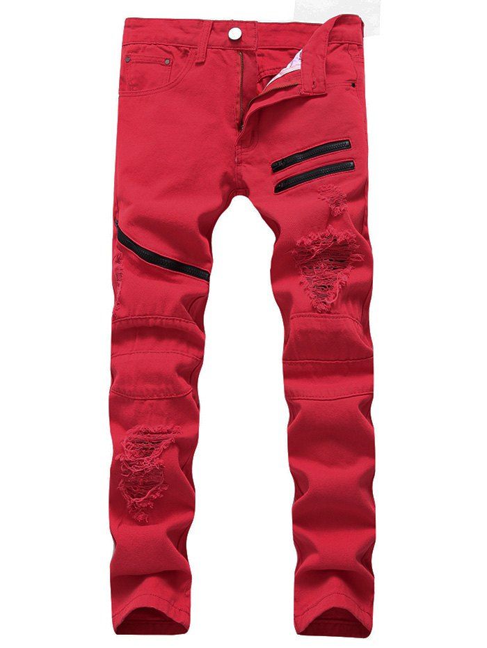 

Zip Embellished Ripped Jeans, Red
