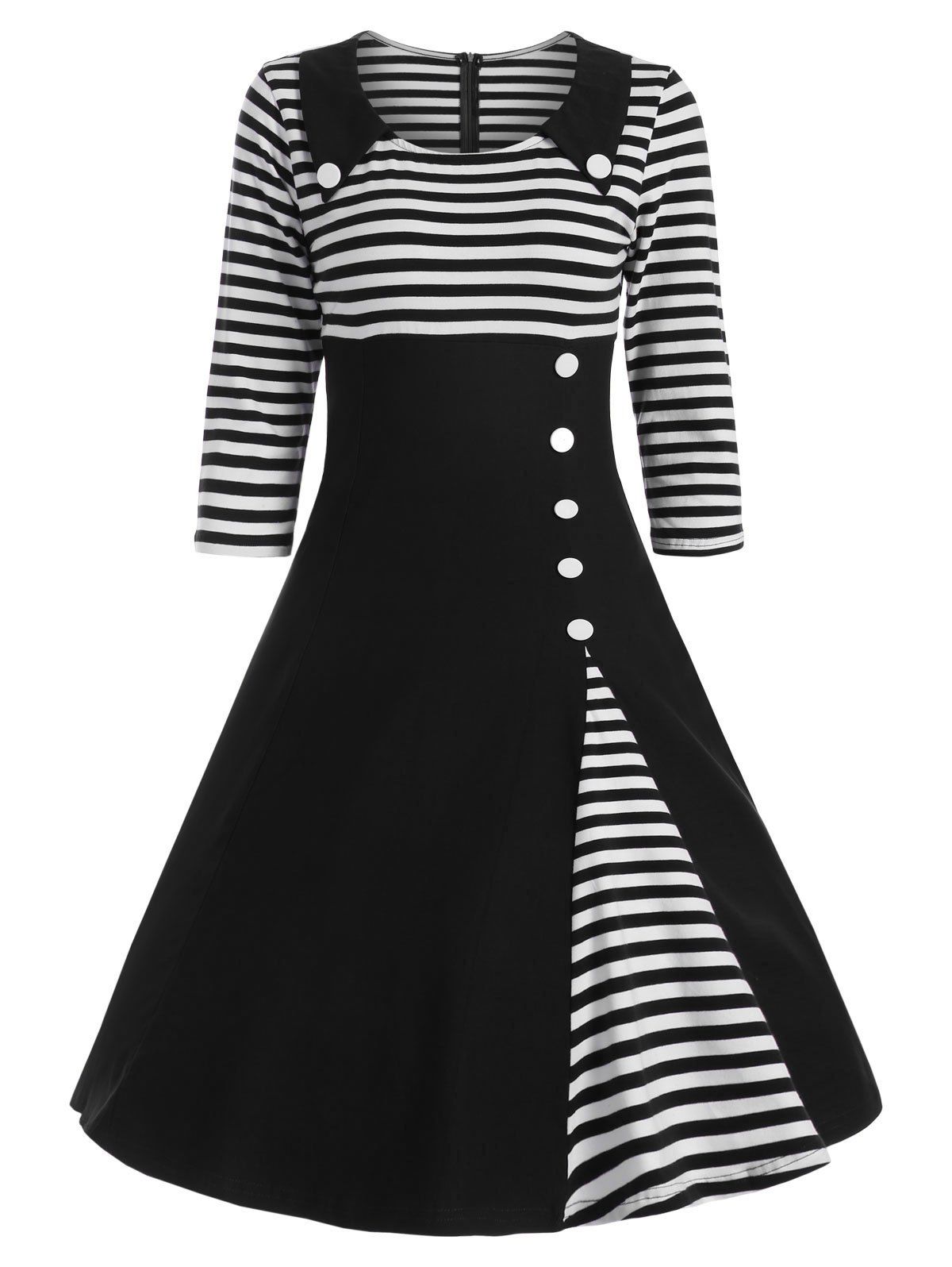 

Button Embellished Striped A Line Vintage Dress, Black