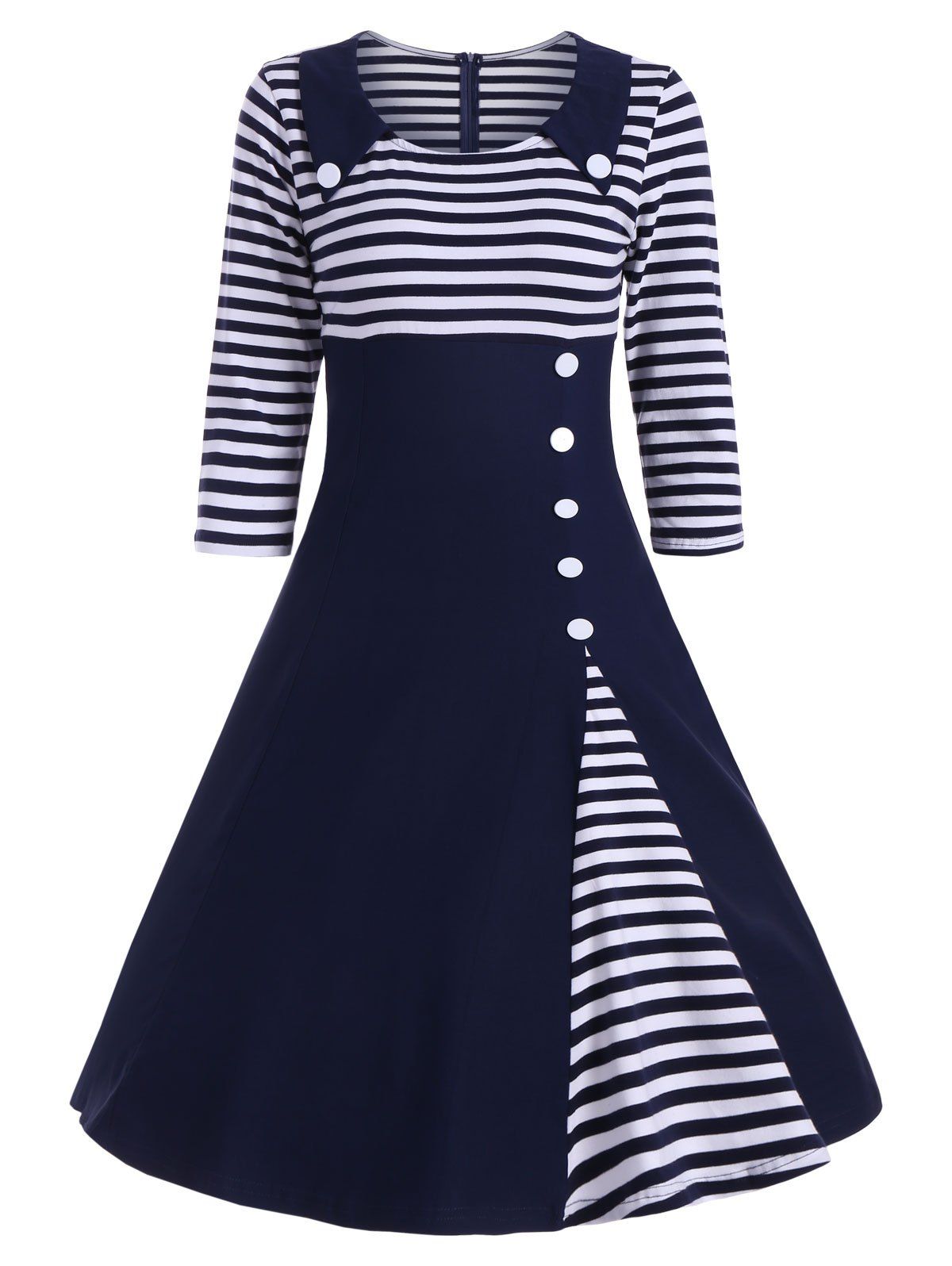 

Button Embellished Striped A Line Vintage Dress, Deep blue