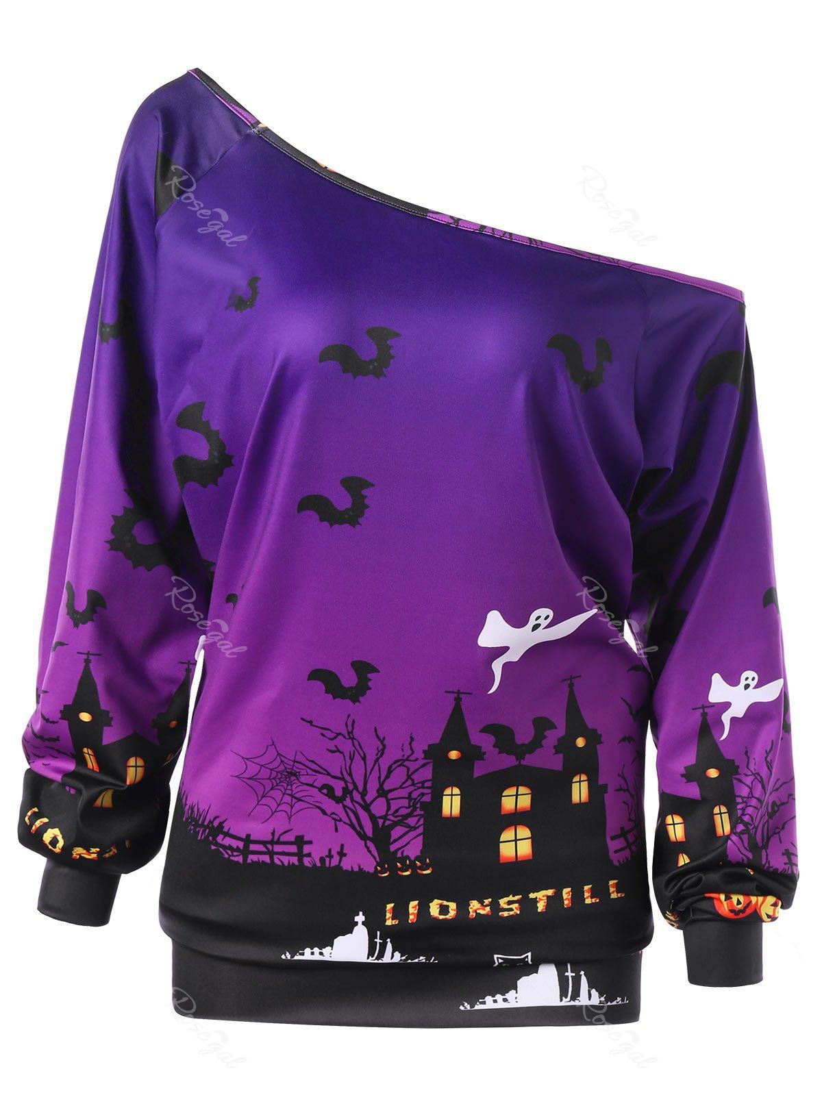 

Plus Size Halloween Graphic Skew Neck Sweatshirt, Purple