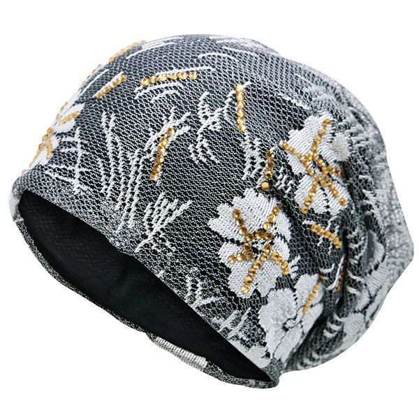 

Floral Embroidery Pattern Lace Sequins Decorated Beanie, Gray