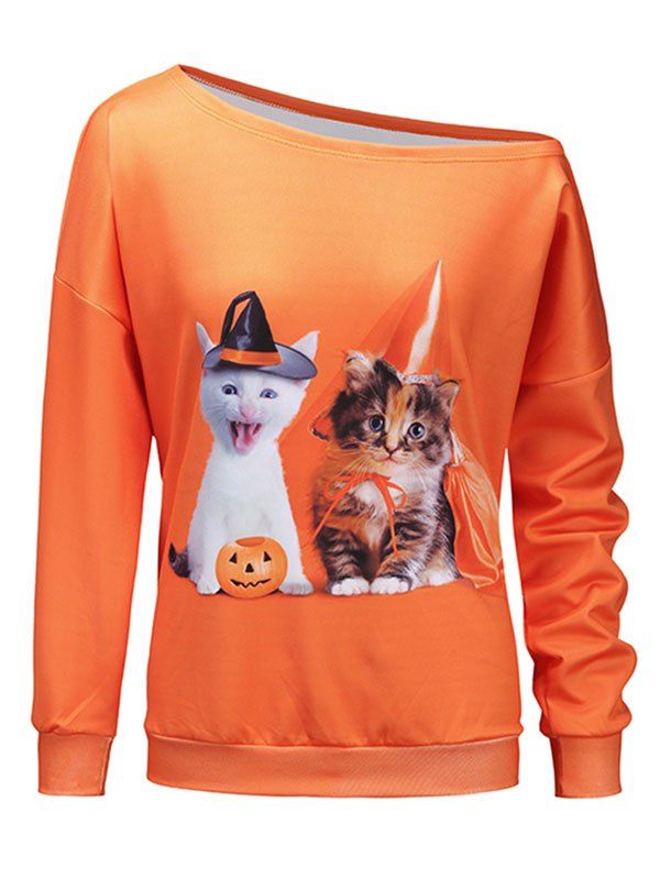 

Kitten Pumpkin One Shoulder Halloween Sweatshirt, Orange