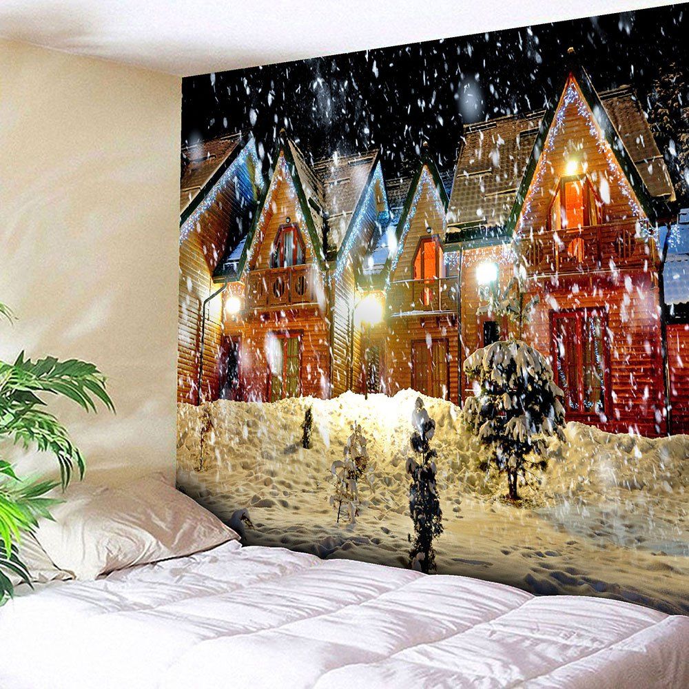 

Waterproof Christmas Snowy Evening Pattern Wall Hanging Tapestry, Colorful