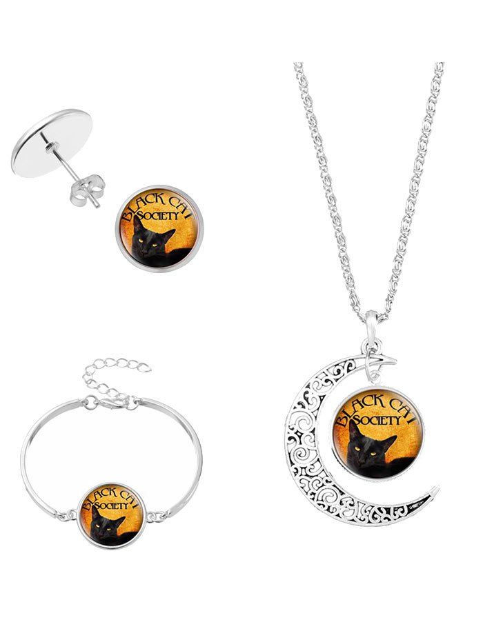 

Society Halloween Cat Moon Jewelry Set, Silver