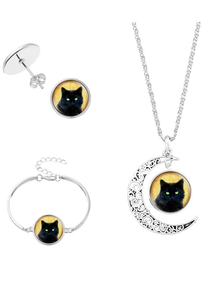 

Moon Cat Halloween Necklace Bracelet and Earrings, Silver