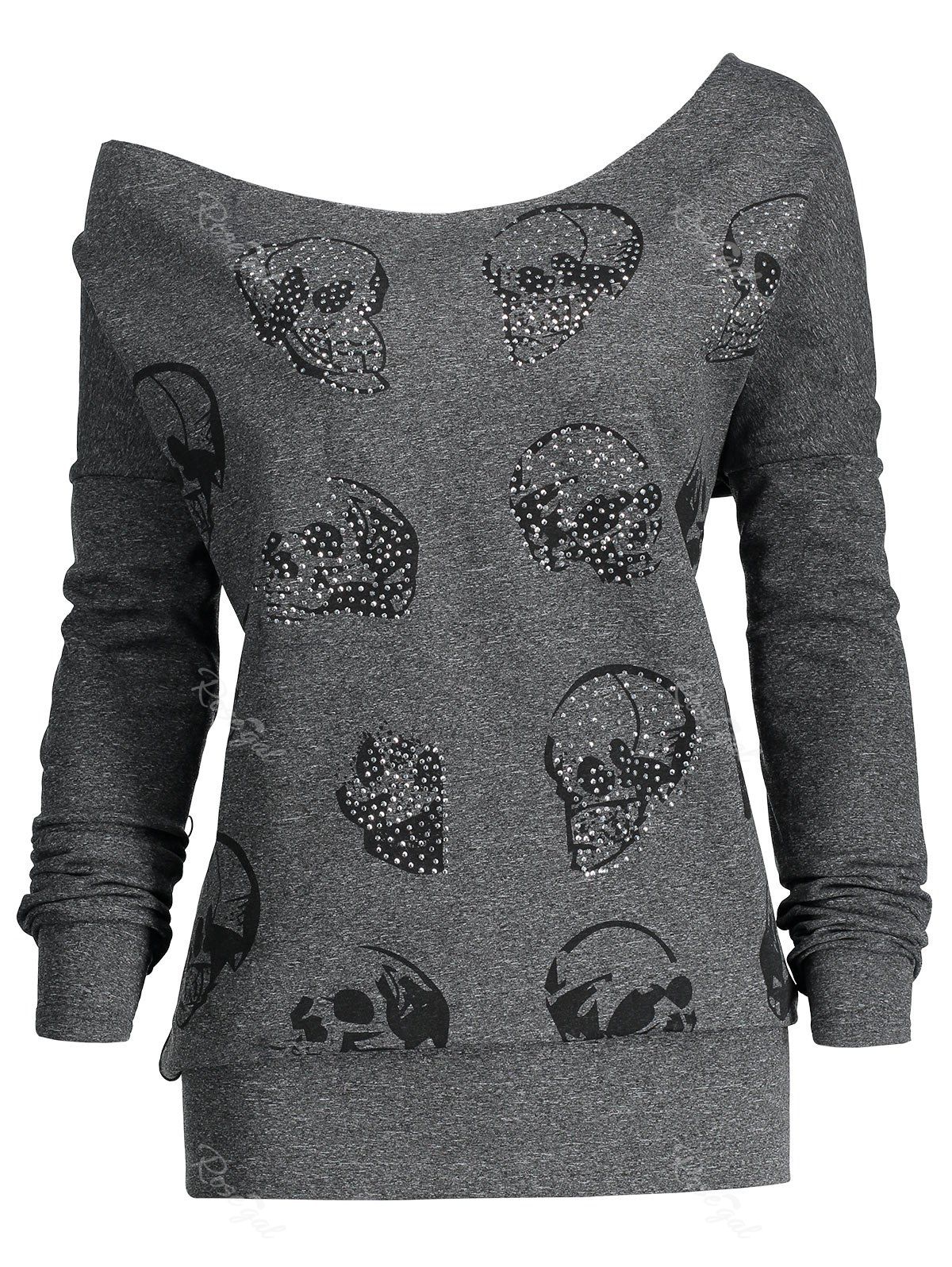 

Beaded Skull Plus Size One Shoulder Top, Deep gray