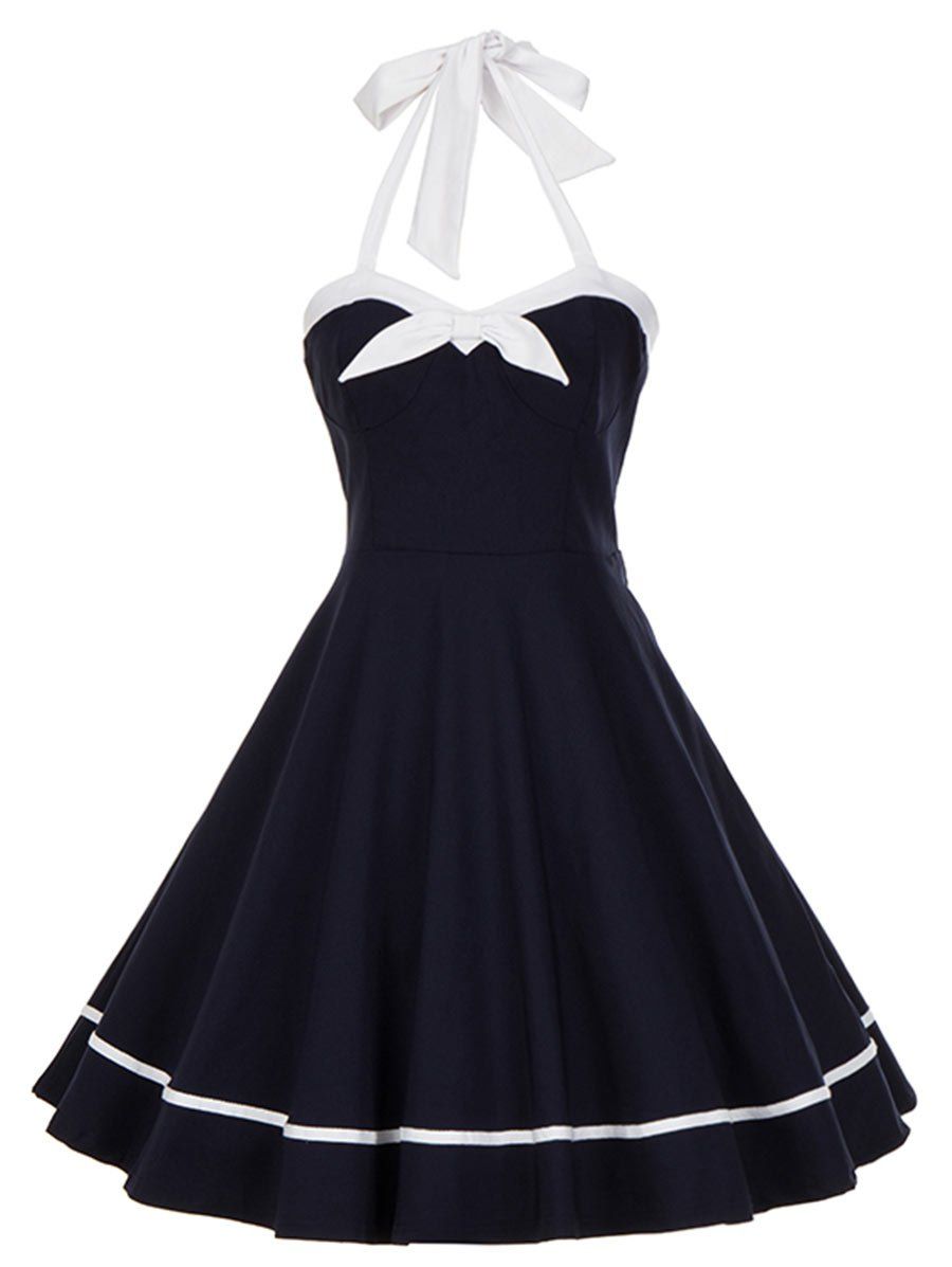 

Vintage Backless Bowknot Halter Swing Dress, Purplish blue