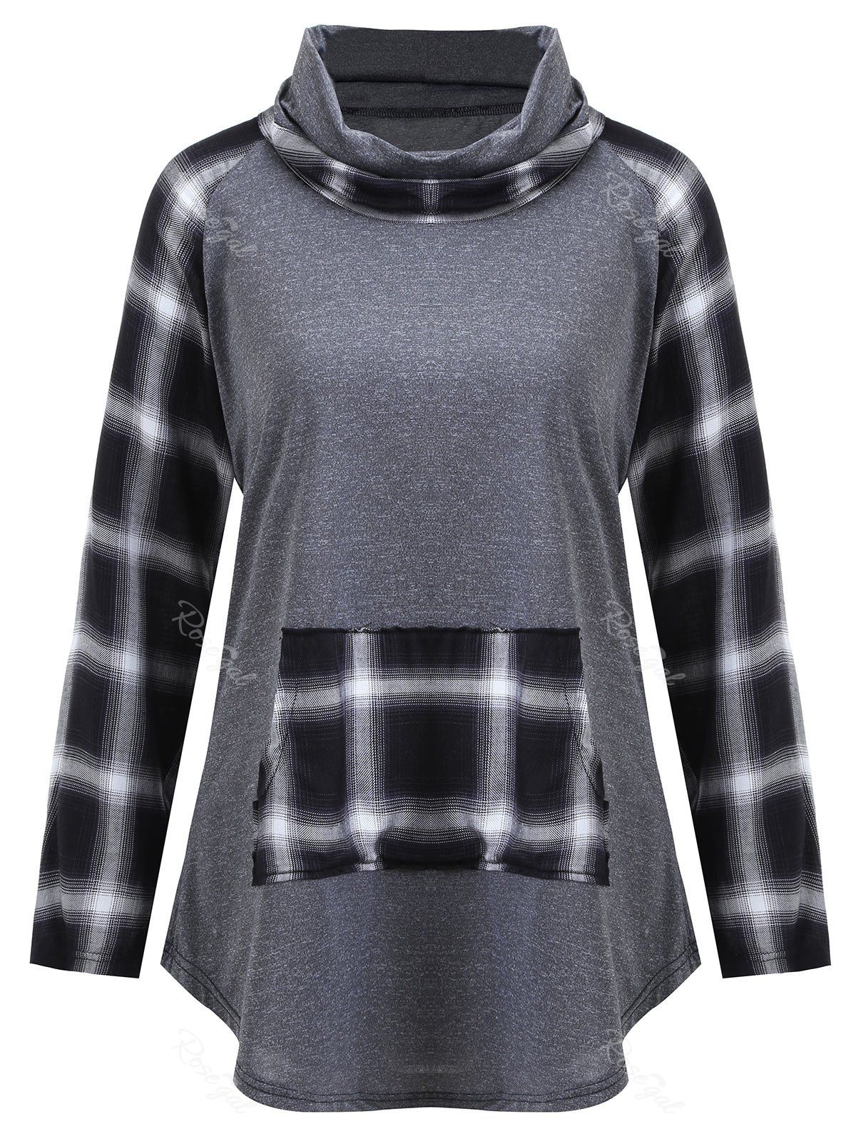 

Plus Size Turtleneck Plaid Panel Tee, Gray
