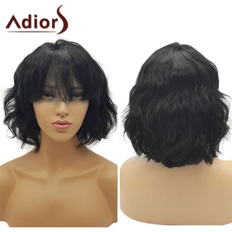 

Adiors Short See-Through Bang Fluffy Wavy Bob Synthetic Wig, Natural black