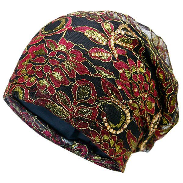 

Vintage Flower Embroidery Rhinestone Embellished Beanie, Black red