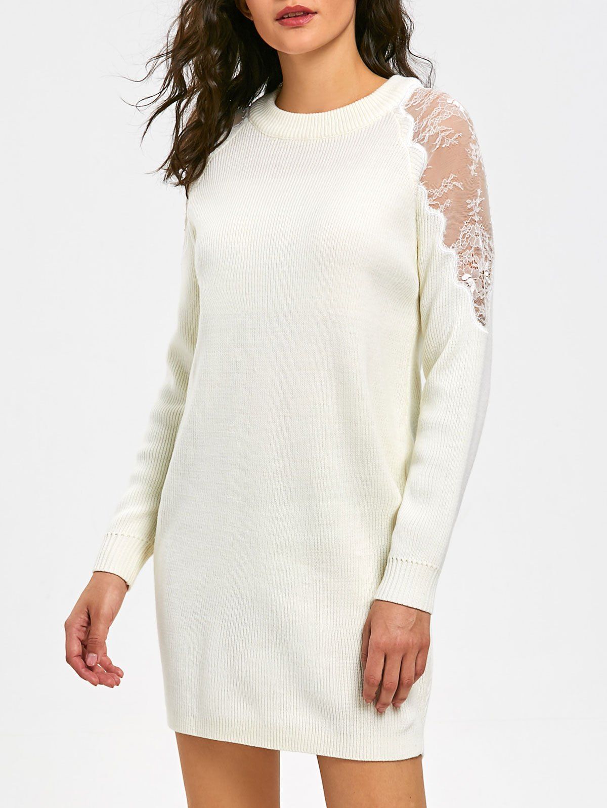 

Lace Panel Long Sleeve Short Sweater Dress, White