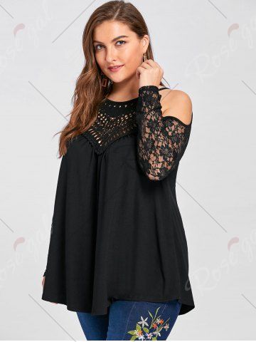 

Plus Size Lace Panel Cold Shoulder Top, Black