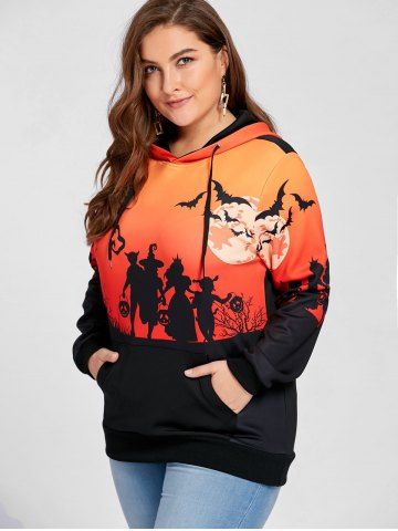 

Plus Size Halloween Bat Moon Print Hoodie with Pocket, Black