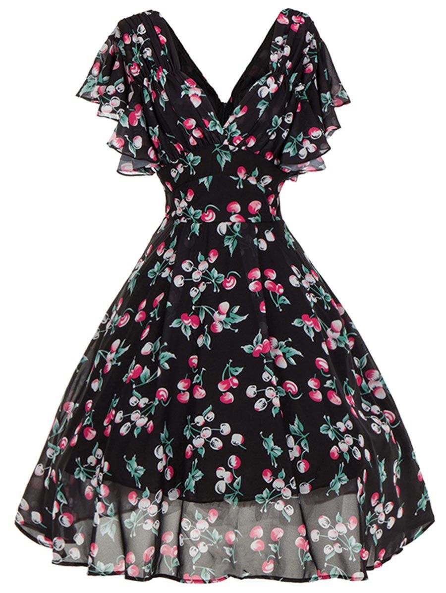 

V Neck Cut Out Cherry Print Skater Dress, Black