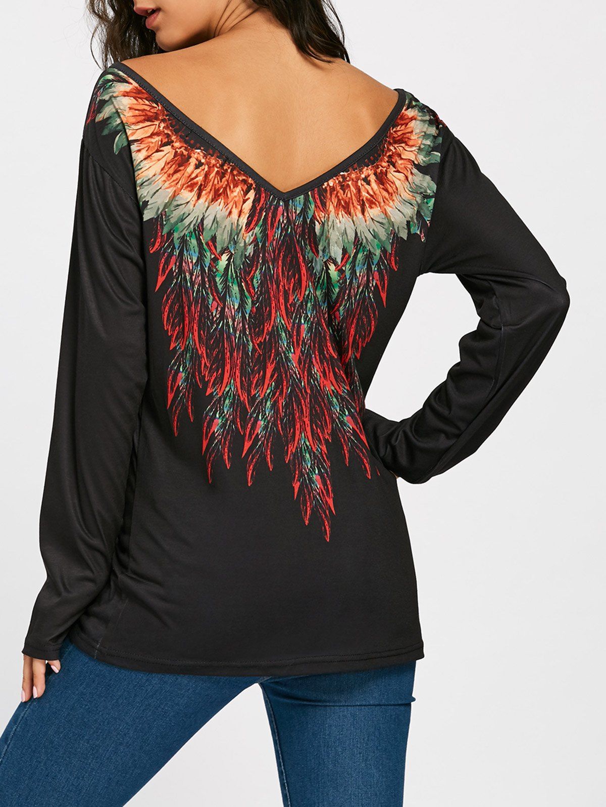 

Tribal Feathers Print Long Sleeve T-shirt, Black