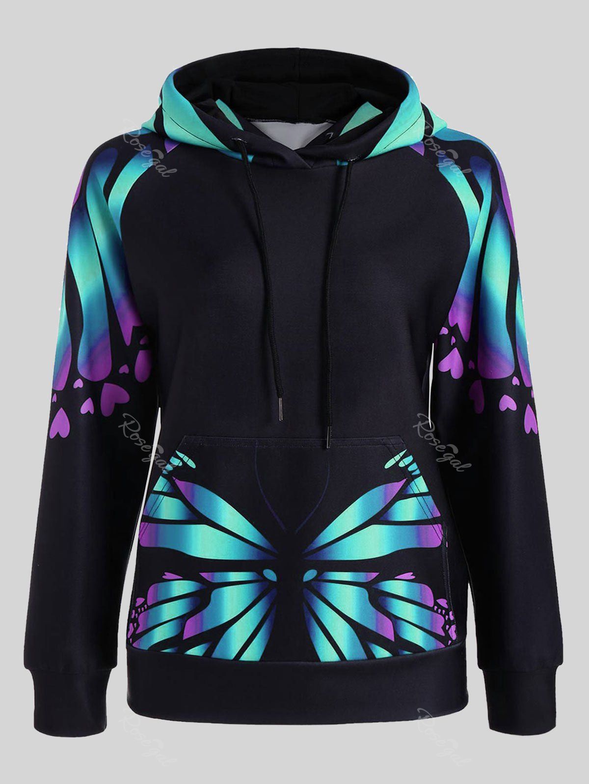 

Plus Size Butterfly Print Kangaroo Hoodie, Green