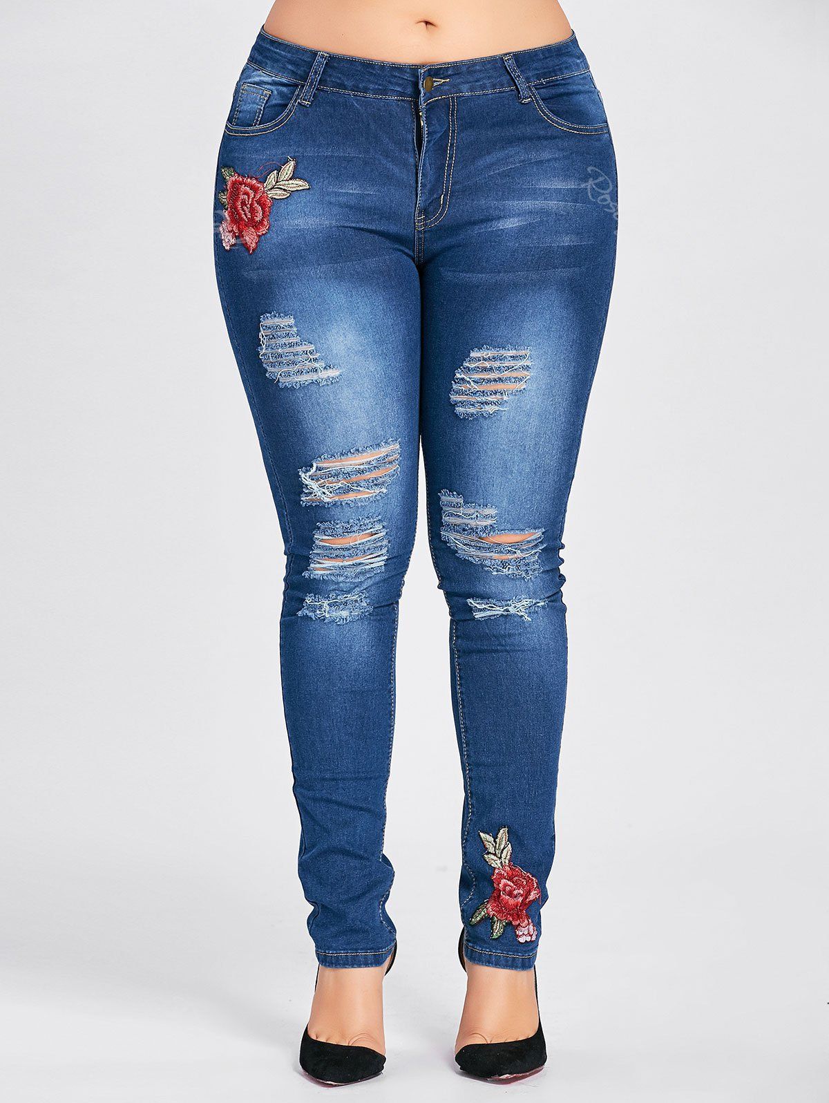 

Plus Size Floral Patched Destroyed Jeans, Cerulean